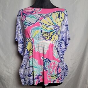 Lilly Pulitzer Kaliko Caftan Knit Blouse XXS/XS Pink Blue Multicolor